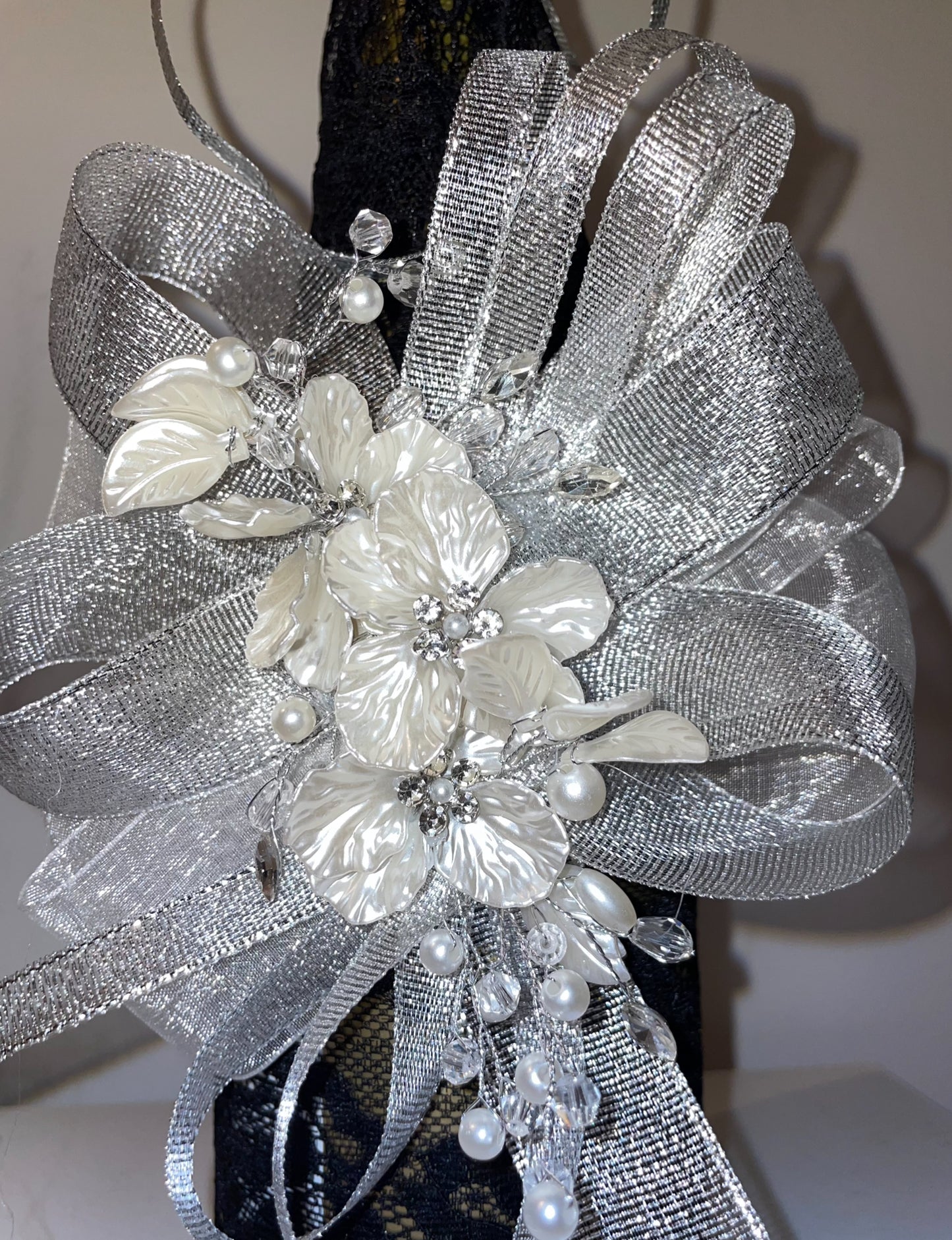 Pearl Flowers & Silver - Black Lace Bottle Sleeve