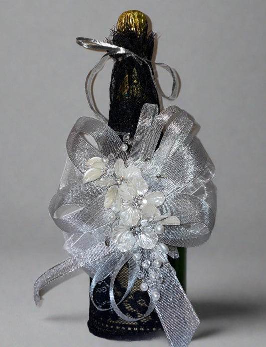 Pearl Flowers & Silver - Black Lace Bottle Sleeve