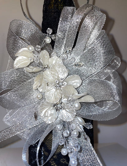 Pearl Flowers & Silver - Black Lace Bottle Sleeve