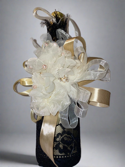 Silk Orchids & Gold - Black Lace Bottle Sleeve
