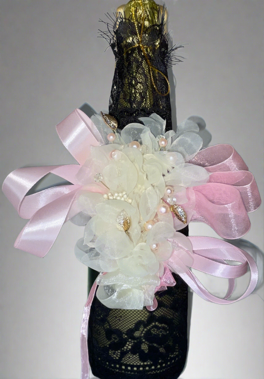 Silk Orchids & Pink - Black Lace Bottle Sleeve